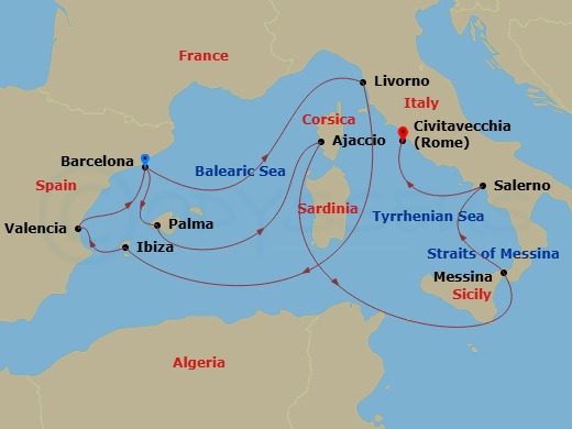 Queen Victoria - 14 Night - Italy, France and Spain - Queen Victoria - Starting in Barcelona, Spain, La Seyne-sur-Mer (for Toulon), France, Livorno (tours to Florence or Pisa).. itinerary map