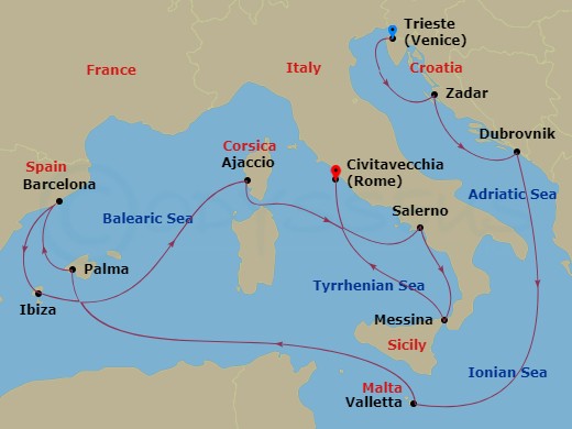 Queen Victoria - 14 Night - Adriatic and Western Mediterranean - Queen Victoria - Starting in Trieste, Italy, Zadar, Croatia, Dubrovnik, Croatia, Valletta, Malta, Palma De Mal.. itinerary map