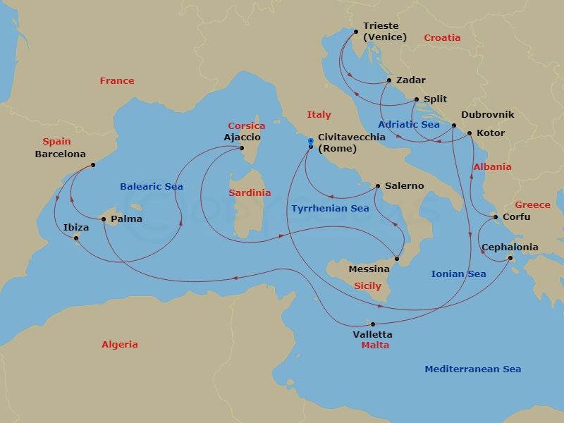 Queen Victoria - 21 Night - Italy, France, Spain and Adriatic - Queen Victoria - Starting in Civitavecchia (tours to Rome), Italy, Messina Strait, Italy (Transit), Cephalonia,.. itinerary map