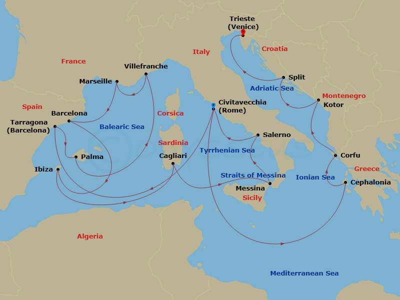 Queen Victoria - 21 Night - Adriatic and Western Mediterranean - Queen Victoria - Starting in Civitavecchia (tours to Rome), Italy, Tarragona, Spain, Palma De Mallorca, Spain,.. itinerary map