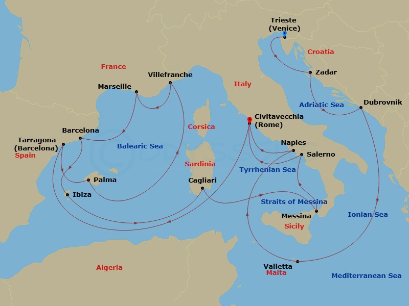 Queen Victoria - 21 Night - Adriatic and Western Mediterranean - Queen Victoria - Starting in Trieste, Italy, Zadar, Croatia, Dubrovnik, Croatia, Valletta, Malta, Naples (tour.. itinerary map