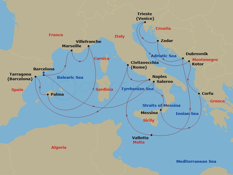 Queen Victoria - 21 Night - Adriatic and Western Mediterranean - Queen Victoria - Starting in Barcelona, Spain, Salerno (tours to Capri or Pompeii), Italy, Messina Strait, Ita.. itinerary map