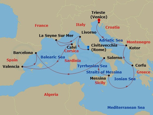 Queen Victoria - 14 Night - Adriatic and Western Mediterranean - Queen Victoria - Starting in Civitavecchia (tours to Rome), Italy, Livorno (tours to Florence or Pisa), Italy,.. itinerary map