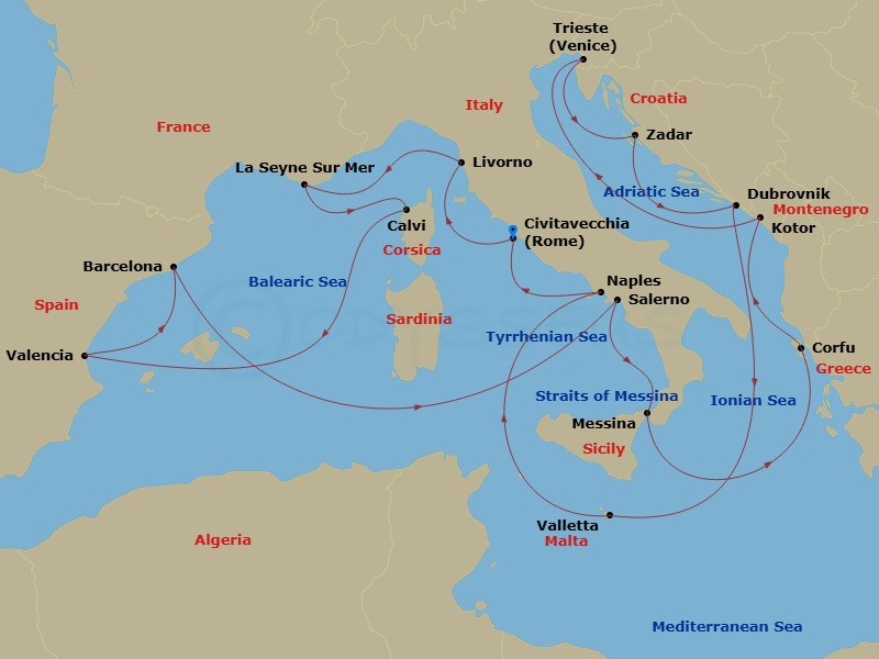 Queen Victoria - 21 Night - Adriatic and Western Mediterranean - Queen Victoria - Starting in Civitavecchia (tours to Rome), Italy, Livorno (tours to Florence or Pisa), Italy,.. itinerary map
