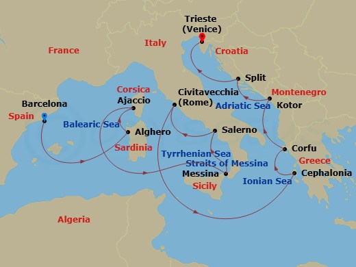Queen Victoria - 14 Night - Adriatic and Western Mediterranean - Queen Victoria - Starting in Barcelona, Spain, Alghero, Sardinia, Italy, Ajaccio, Corsica, France, Messina Str.. itinerary map
