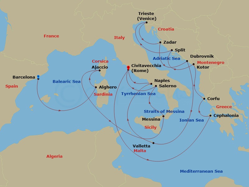 Queen Victoria - 21 Night - Adriatic and Western Mediterranean - Queen Victoria - Starting in Barcelona, Spain, Alghero, Sardinia, Italy, Ajaccio, Corsica, France, Messina Str.. itinerary map