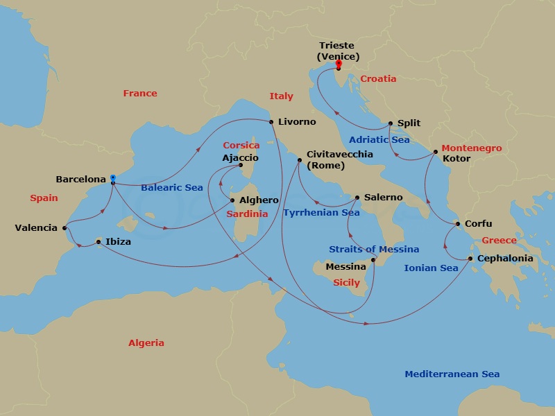 Queen Victoria - 21 Night - Adriatic and Western Mediterranean - Queen Victoria - Starting in Barcelona, Spain, La Seyne-sur-Mer (for Toulon), France, Livorno (tours to Floren.. itinerary map