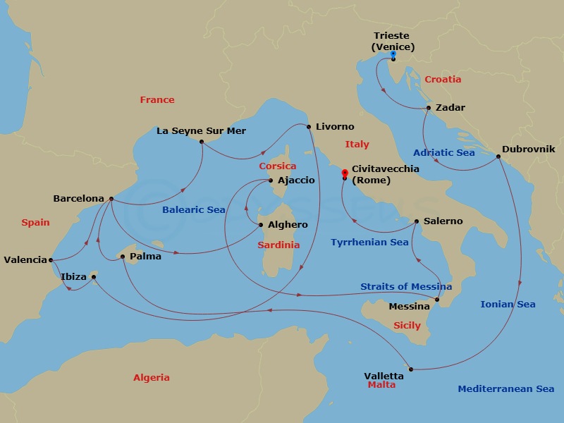 Queen Victoria - 21 Night - Adriatic and Western Mediterranean - Queen Victoria - Starting in Trieste, Italy, Zadar, Croatia, Dubrovnik, Croatia, Valletta, Malta, Palma De Mal.. itinerary map