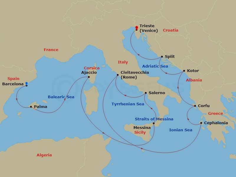 Queen Victoria - 14 Night - Adriatic and Western Mediterranean - Queen Victoria - Starting in Barcelona, Spain, Palma De Mallorca, Spain, Ajaccio, Corsica, France, Messina Str.. itinerary map