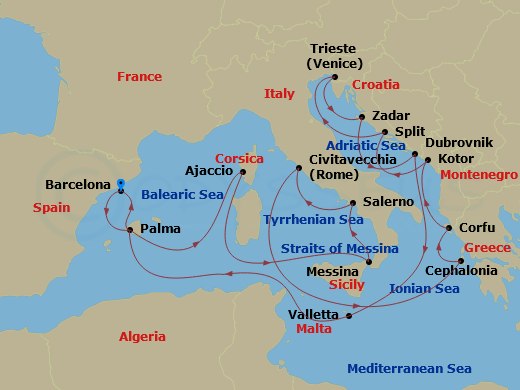 Queen Victoria - 21 Night - Adriatic and Western Mediterranean - Queen Victoria - Starting in Barcelona, Spain, Palma De Mallorca, Spain, Ajaccio, Corsica, France, Messina Str.. itinerary map