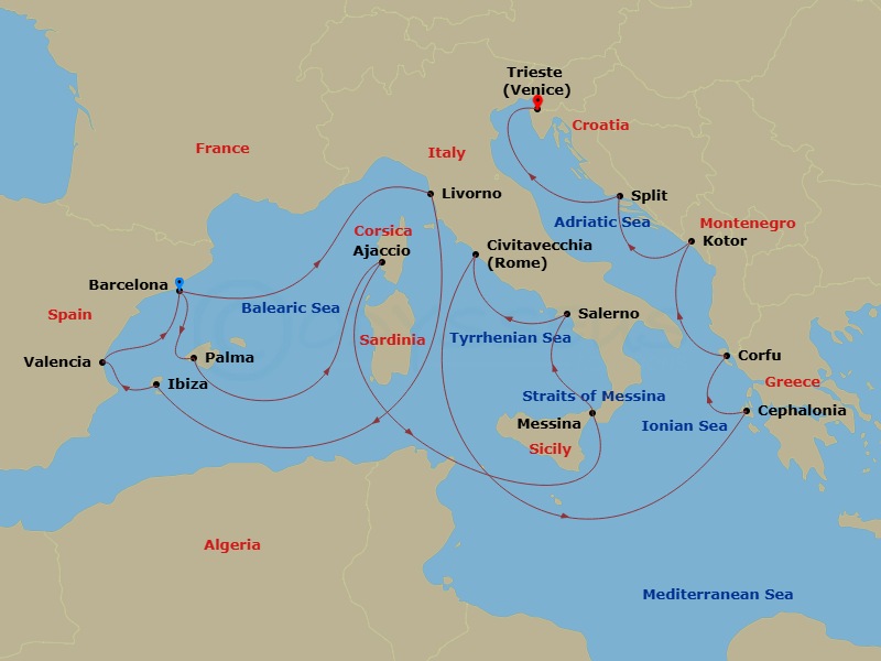 Queen Victoria - 21 Night - Adriatic and Western Mediterranean - Queen Victoria - Starting in Barcelona, Spain, La Seyne-sur-Mer (for Toulon), France, Livorno (tours to Floren.. itinerary map