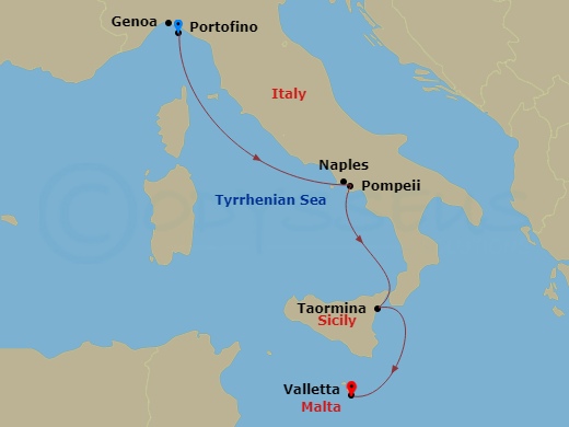 MSC World Europa - 3 Night - Mediterranean - MSC World Europa - Starting in Genoa (Portofino), Italy, Naples (Pompeii), Italy, Messina (Taormina), Italy, La Valletta, Malta itinerary map