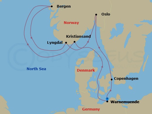 7 Night - Northern Europe - MSC Magnifica - Starting in Warnemunde (Berlin), Germany, Kristiansand, Norway, Bergen, Norway, Lyngdal, Norway, Oslo, Norway, Copenhagen, Denmark, Warnemunde (Berlin), Germany itinerary map