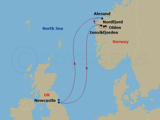 Balmoral - 5 Night - Northern Europe Roundtrip from Newcastle - Balmoral - Starting in Newcastle UK, Alesund, Cruising Nordfjord, Olden, Newcastle UK itinerary map