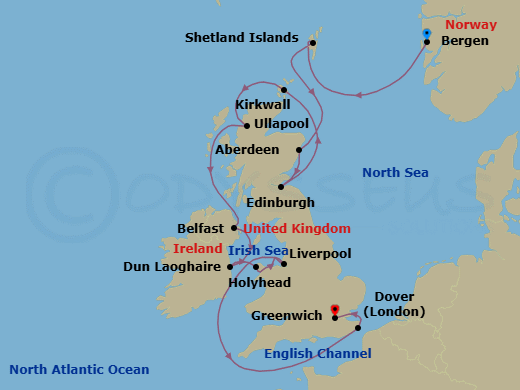 14 Night - British Isles Explorer - Viking Sky - Starting in Bergen, Shetland Islands (Lerwick), Aberdeen, Edinburgh (Newhaven Harbour), Orkney Islands (Kirkwall), The Highlands (Ullapool), Belfast (Bangor UK), Northern Ireland, Dublin (Dun Laoghaire), Holyhead, Liverpool, Scenic Sailing English Channel, Dover UK, London (Greenwich) itinerary map