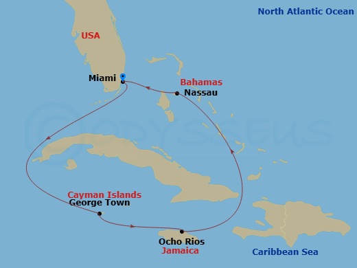 Carnival Horizon - 6 Night - Western Caribbean - Carnival Horizon - Starting in Miami, Fl, Cozumel, Mexico, Grand Cayman, Cayman Islands, Ocho Rios, Jamaica, Miami, Fl itinerary map