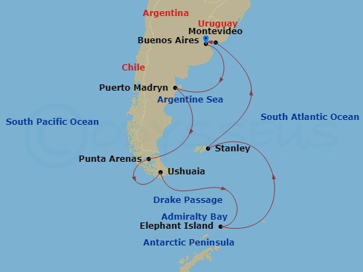 Seven Seas Splendor - 17 Night - Antarctic Celebration - Seven Seas Splendor - Starting in Buenos Aires, Cruising the Argentina Sea, Puerto Madryn, Cruising the Argentina Sea, Punt.. itinerary map