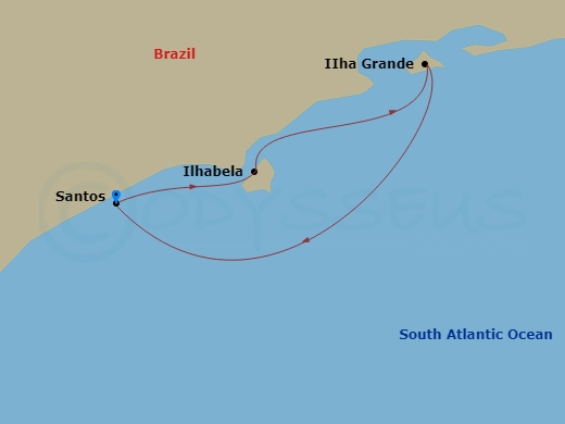 4 Night - South America - MSC Musica - Starting in Santos (Sao Paulo), Brazil, Ilha Grande, Brazil, Ilhabela, Brazil, Santos (Sao Paulo), Brazil itinerary map