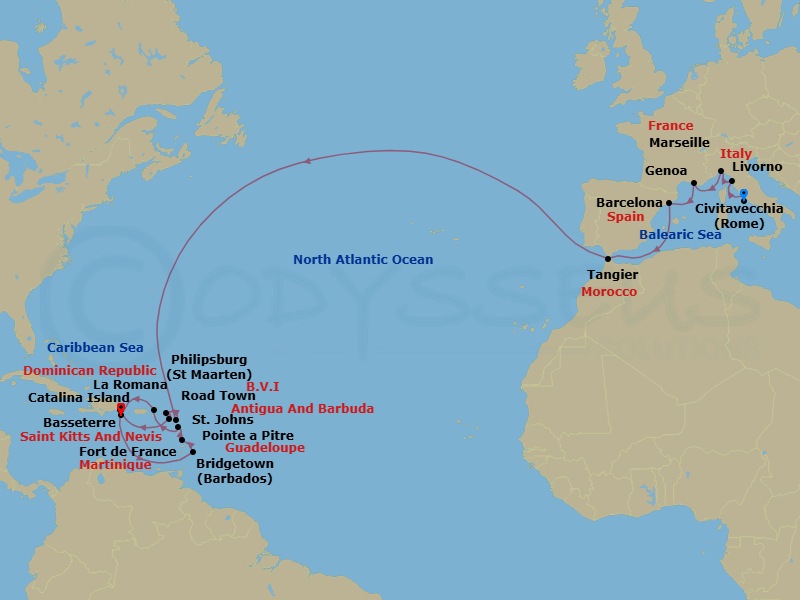 25 Night - Msc Grand Voyages - MSC Opera - Starting in Civitavecchia (Rome), Italy, Livorno (Florence), Italy, Genoa (Portofino), Italy, Marseille (Provence), France, Barcelona, Spain, Tangier (Tetouan), Morocco, St Johns AG, Antigua, Philipsburg, St Maarten, Basseterre, St Kitts and Nevis, La Romana, Dominican Republic, Catalina Island, Dominican Republic, Bridgetown, Barbados, Fort-de-France, Martinique, Pointe-A-Pitre, Guadeloupe, Road Town (Tortola), British Virgin Islands, La Romana, Dominican Republic itinerary map