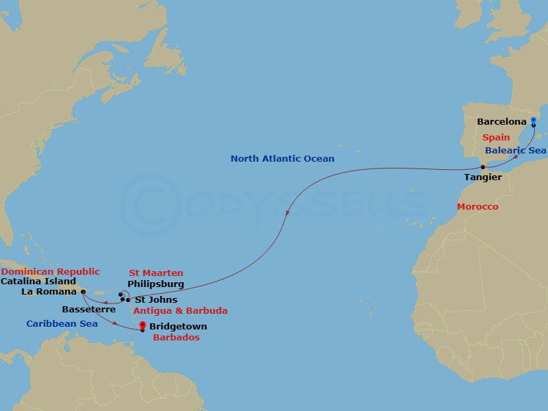 MSC Opera - 17 Night - Msc Grand Voyages - MSC Opera - Starting in Barcelona, Spain, Tangier (Tetouan), Morocco, St Johns AG, Antigua, Philipsburg, St Maarten, Basseterre.. itinerary map