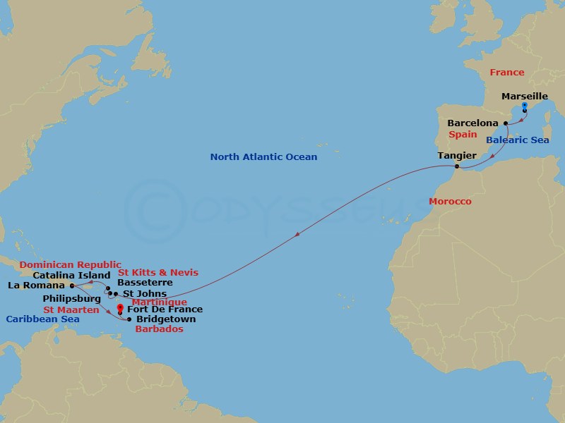 MSC Opera - 19 Night - Msc Grand Voyages - MSC Opera - Starting in Marseille (Provence), France, Barcelona, Spain, Tangier (Tetouan), Morocco, St Johns AG, Antigua, Phili.. itinerary map