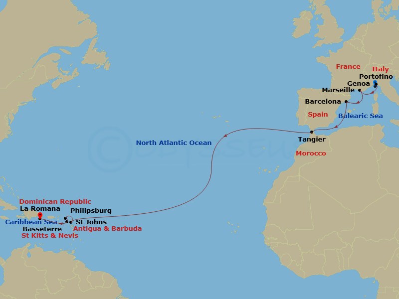 16 Night - Msc Grand Voyages - MSC Opera - Starting in Genoa (Portofino), Italy, Marseille (Provence), France, Barcelona, Spain, Tangier (Tetouan), Morocco, St Johns AG, Antigua, Philipsburg, St Maarten, Basseterre, St Kitts and Nevis, La Romana, Dominican Republic itinerary map