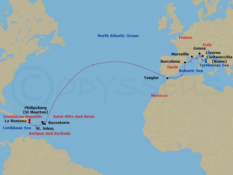 18 Night - Msc Grand Voyages - MSC Opera - Starting in Civitavecchia (Rome), Italy, Livorno (Florence), Italy, Genoa (Portofino), Italy, Marseille (Provence), France, Barcelona, Spain, Tangier (Tetouan), Morocco, St Johns AG, Antigua, Philipsburg, St Maarten, Basseterre, St Kitts and Nevis, La Romana, Dominican Republic itinerary map