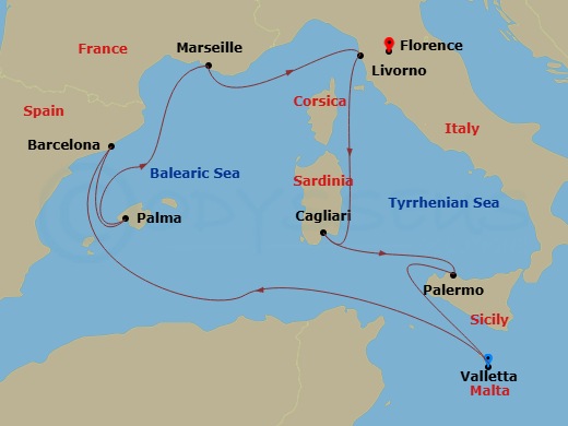 8 Night - Mediterranean - MSC Splendida - Starting in La Valletta, Malta, Barcelona, Spain, Palma De Mallorca (Balearic Islands), Spain, Marseille (Provence), France, Livorno (Florence), Italy, Cagliari (Sardinia), Italy, Palermo (Monreale), Italy, La Valletta, Malta itinerary map