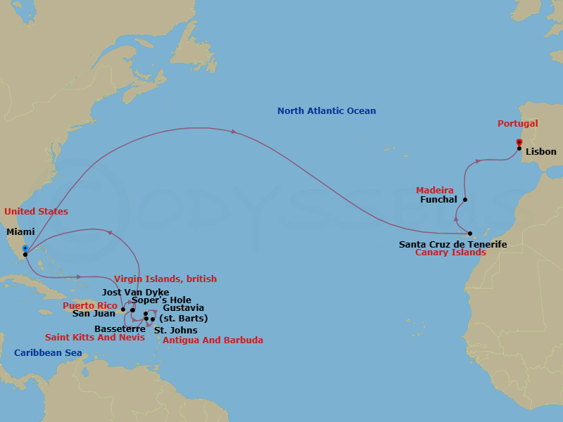 25 Night - Caribbean from Miami to Lisbon - Silver Dawn - Starting in Miami, San Juan, Sopers Hole, St Kitts, St Johns AG, Gustavia, Jost Van Dyke, Miami, Santa Cruz de Tenerife, Funchal, Lisbon itinerary map