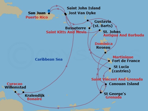 21 Night - Caribbean Roundtrip from San Juan - Silver Dawn - Starting in San Juan, Jost Van Dyke, Gustavia, St Kitts, Fort-de-France, St Georges, Canouan, Castries, St Johns AG, St John VI, San Juan, Jost Van Dyke, Gustavia, Roseau, Canouan, St Georges, Willemstad AN, Kralendijk, St John VI, San Juan itinerary map