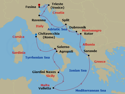 12 Night - Civitavecchia to Fusina - Silver Spirit - Starting in Civitavecchia (Rome), Salerno, Agropoli, Giardini Naxos (Sicily), Valletta, Sarande, Kotor, Dubrovnik, Croatia, Split, Ravenna, Trieste, Fusina (Venice) itinerary map