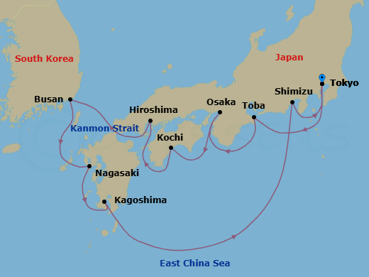 11 Night - Tokyo to Tokyo - Silver Moon - Starting in Tokyo, Toba, Osaka, Kochi, Hiroshima, Busan, Nagasaki, Kagoshima (Kyushu Island), Shimizu, Tokyo itinerary map