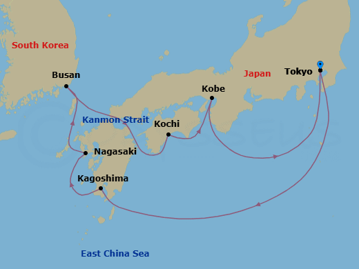 10 Night - Tokyo to Tokyo - Silver Moon - Starting in Tokyo, Kagoshima (Kyushu Island), Nagasaki, Busan, Kochi, Kobe, Tokyo itinerary map