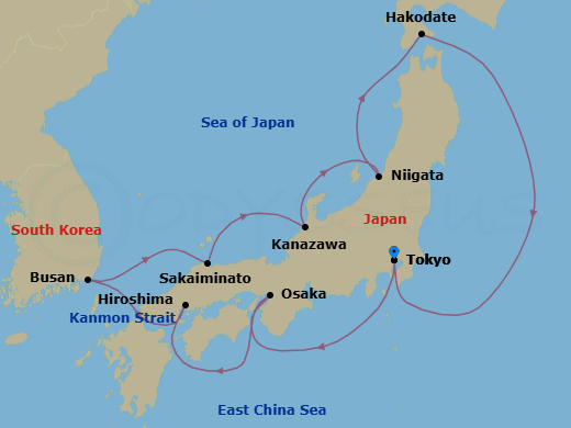12 Night - Tokyo to Tokyo - Silver Muse - Starting in Tokyo, Osaka, Hiroshima, Busan, Sakaiminato, Kanazawa, Niigata, Hakodate (Hokkaido), Tokyo itinerary map