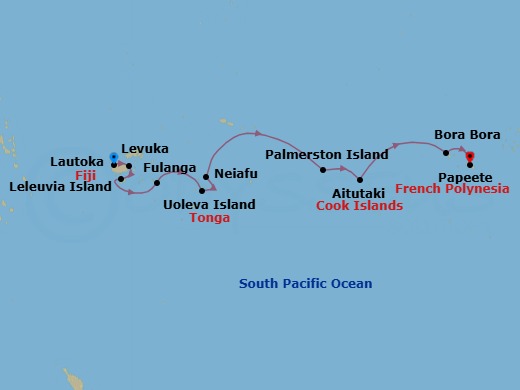 11 Night - Lautoka to Papeete - Silver Cloud - Starting in Lautoka, Levuka, Ovalau, Leleuvia Island, Fulaga, Uoleva Island, Neiafu, Vavau Group, Date Line gain a day, Palmerston Island, Aitutaki, Bora Bora (Society Islands), Papeete (Tahiti) itinerary map