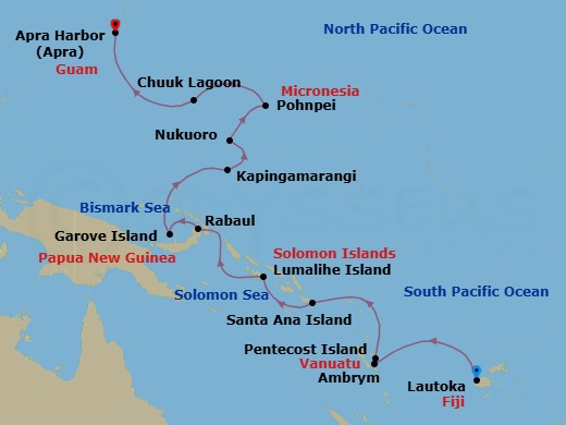 18 Night - Lautoka to Apra - Silver Cloud - Starting in Lautoka, Ambrym Island, Pentecost Island, Santa Ana, Lumalihe Island, Marovo Lagoon, Rabaul, Garove Island, Kapingamarangi, Nukuoro, Pohnpei, Chuuk Lagoon, Apra itinerary map