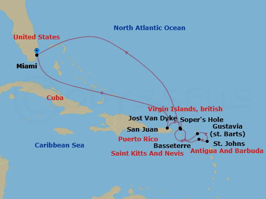 11 Night - Miami to Miami - Silver Dawn - Starting in Miami, Fl, San Juan, Sopers Hole, St Kitts (Basseterre), St Johns, Gustavia, St Barthelemy, Jost Van Dyke, British Virgin Islands, Miami, Fl itinerary map