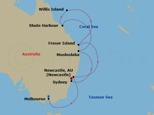 11 Night - Melbourne to Sydney - Silver Moon - Starting in Melbourne, Newcastle AU, KGari (Fraser Island), Willis Island, Shute Harbor (Whitsunday Islands), Mooloolaba, Sydney AU itinerary map