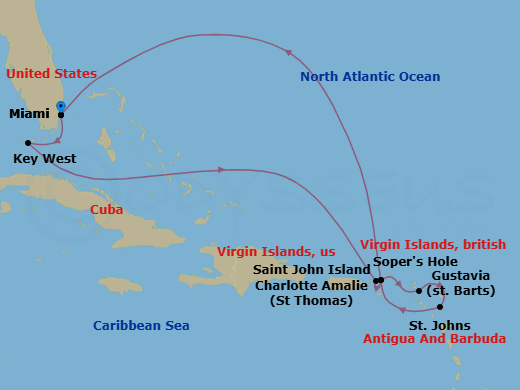 11 Night - Miami to Miami - Silver Nova - Starting in Miami, Fl, Key West, Florida, St Thomas, Sopers Hole, Gustavia, St Barthelemy, St Johns, St John VI, Miami, Fl itinerary map