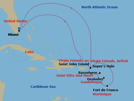 11 Night - Miami to Miami - Silver Nova - Starting in Miami, Fl, Sopers Hole, St Kitts (Basseterre), Deshaies, Fort-de-France, St John VI, Miami, Fl itinerary map