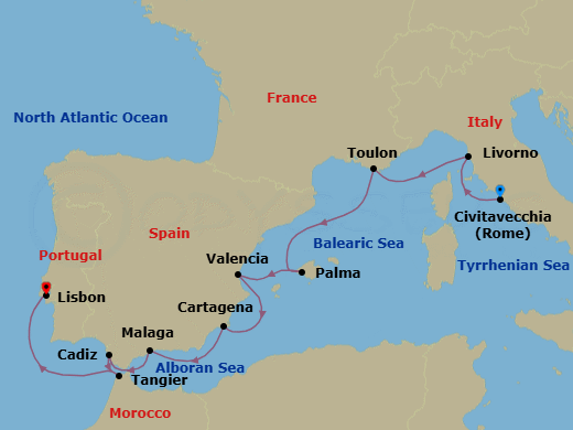 12 Night - Civitavecchia to Lisbon - Silver Nova - Starting in Civitavecchia (Rome), Livorno (Tuscany), Toulon, Palma De Mallorca, Valencia, Cartagena ES, Spain, Malaga (Costa del Sol), Cadiz, Tangier, Lisbon itinerary map
