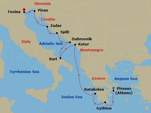 10 Night - Athens to Fusina - Silver Nova - Starting in Athens (Piraeus), Gythion, Katakolon (Olympia), Kotor, Bari, Dubrovnik, Croatia, Split, Zadar, Piran, Fusina (Venice) itinerary map