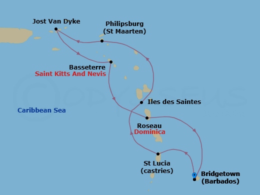 7 Night - Bridgetown to Bridgetown - Silver Spirit - Starting in Bridgetown, Castries, St Lucia, Les Saintes, Philipsburg, St Maarten, Jost Van Dyke, British Virgin Islands, St Kitts (Basseterre), Roseau, Bridgetown itinerary map