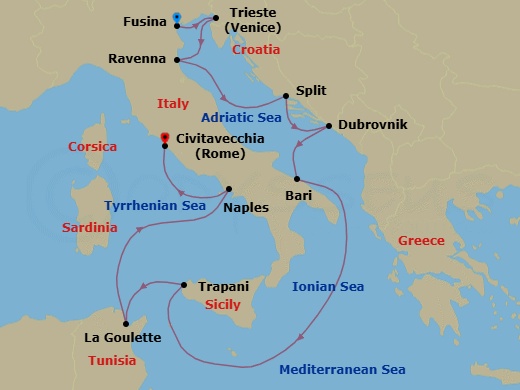 11 Night - Fusina to Civitavecchia - Silver Spirit - Starting in Fusina (Venice), Trieste, Ravenna, Split, Dubrovnik, Croatia, Bari, Trapani, Sicily, Tunis (La Goulette), Naples, Civitavecchia (Rome) itinerary map