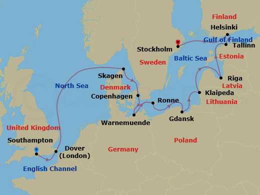 12 Night - Southampton to Stockholm - Silver Spirit - Starting in Southampton, Dover UK (London), England, Skagen, Copenhagen, Warnemunde (Rostock), Ronne, Bornholm, Gdansk, Klaipeda, Riga, Tallinn, Helsinki, Stockholm itinerary map