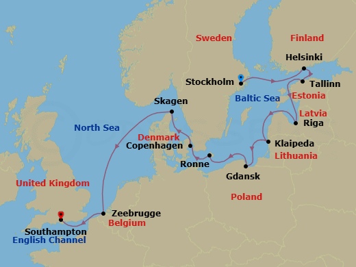 11 Night - Stockholm to Southampton - Silver Spirit - Starting in Stockholm, Helsinki, Tallinn, Riga, Klaipeda, Gdansk, Ronne, Bornholm, Copenhagen, Skagen, Zeebrugge, Southampton itinerary map