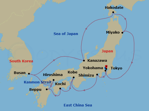 15 Night - Yokohama to Tokyo - Silver Moon - Starting in Yokohama (Tokyo), Shimizu, Kobe, Kochi, Beppu (Kyushu Island), Hiroshima, Busan, Kanazawa, Hakodate (Hokkaido), Miyako, Iwate, Tokyo itinerary map