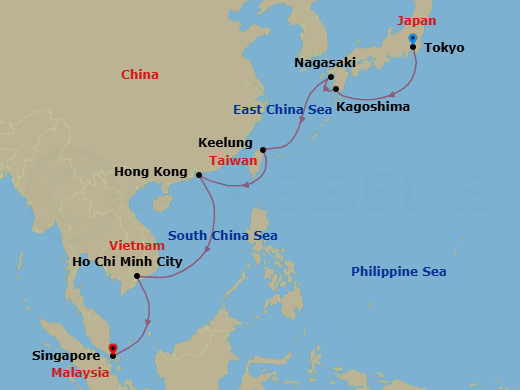 15 Night - Tokyo to Singapore - Silver Moon - Starting in Tokyo, Kagoshima (Kyushu Island), Nagasaki, Keelung, Taiwan, Hong Kong, Ho Chi Minh City, Singapore itinerary map