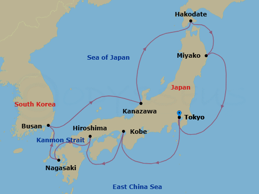 14 Night - Tokyo to Tokyo - Silver Moon - Starting in Tokyo, Kobe, Hiroshima, Nagasaki, Busan, Kanazawa, Hakodate (Hokkaido), Miyako, Iwate, Tokyo itinerary map