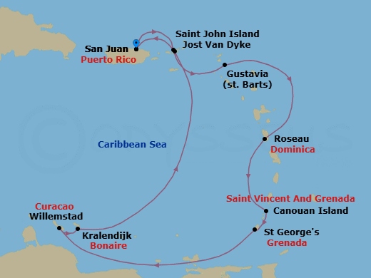 11 Night - San Juan to San Juan - Silver Dawn - Starting in San Juan, Jost Van Dyke, British Virgin Islands, Gustavia, St Barthelemy, Roseau, Canouan, St Georges, Willemstad AN, Curacao, Kralendijk, Bonaire, St John VI, San Juan itinerary map